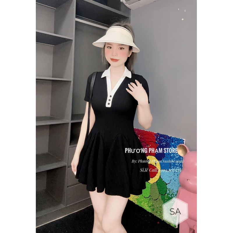 Sét váy body cổ polo chân xoè kèm quần
