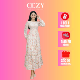 Đầm maxi tay dài đi biển hoa nhí bo chun có size bigsize CEZY D79