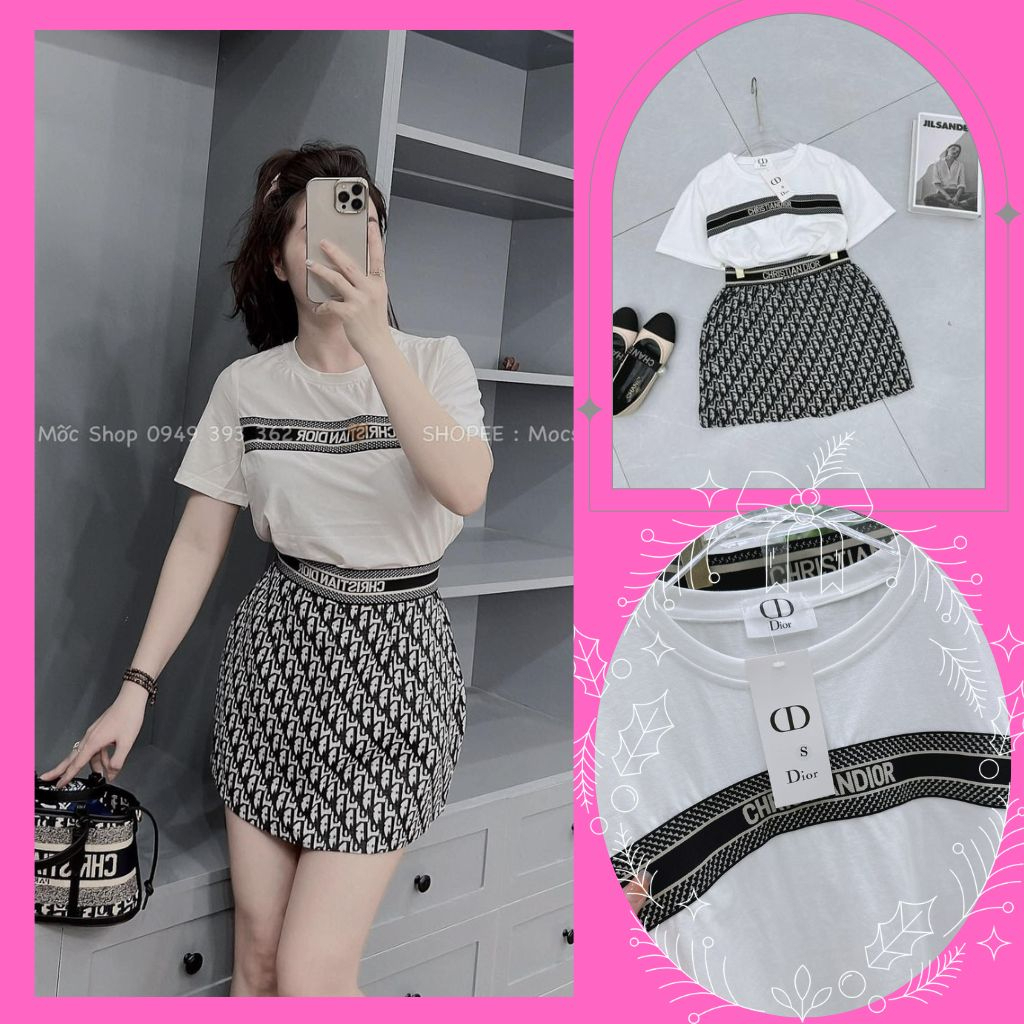 Set Công Sở Nữ, Bộ Áo Thun Cotton Khô Cao Cấp Phối Chân Váy Chữ A Lụa Thêu Họa Tiết Hiện Đại Trẻ Trung