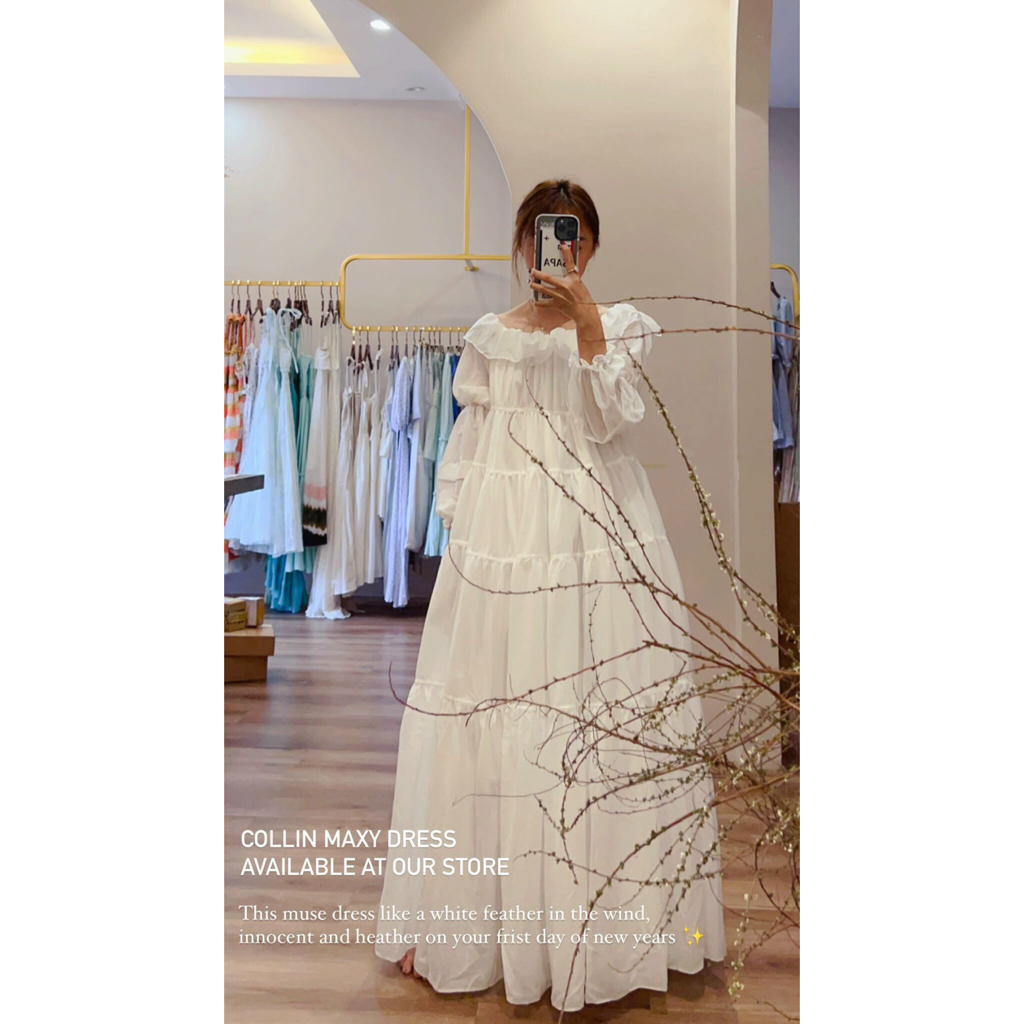 Đầm Maxi trễ vai dáng xoè tay phồng The Country Collin Maxi Dress vải linen tơ trắng