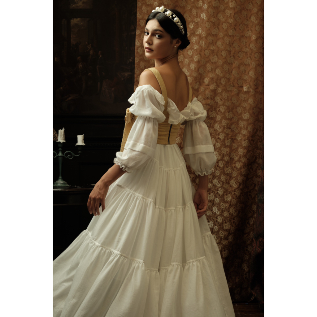 Đầm Maxi trễ vai dáng xoè tay phồng The Country Collin Maxi Dress vải linen tơ trắng