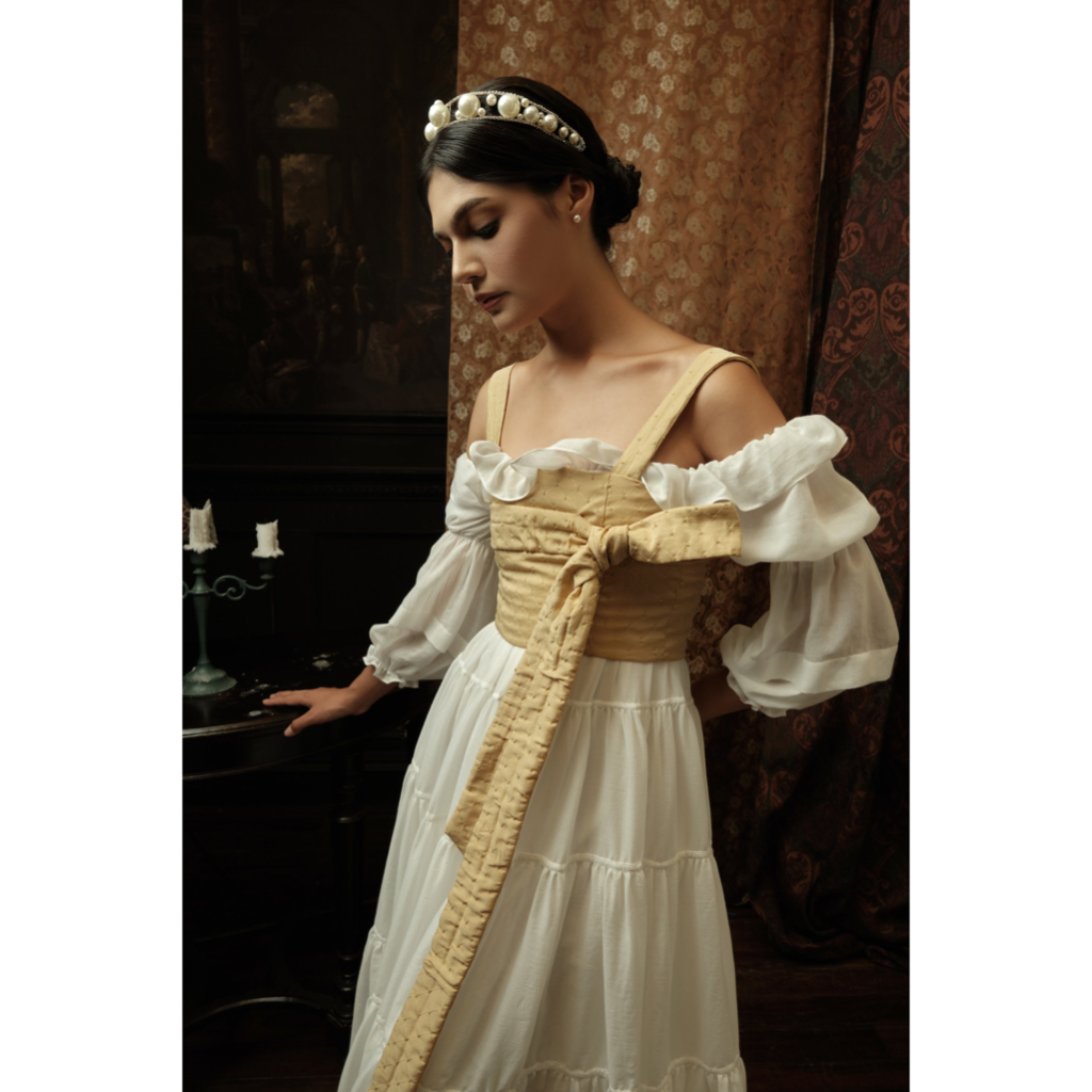 Đầm Maxi trễ vai dáng xoè tay phồng The Country Collin Maxi Dress vải linen tơ trắng