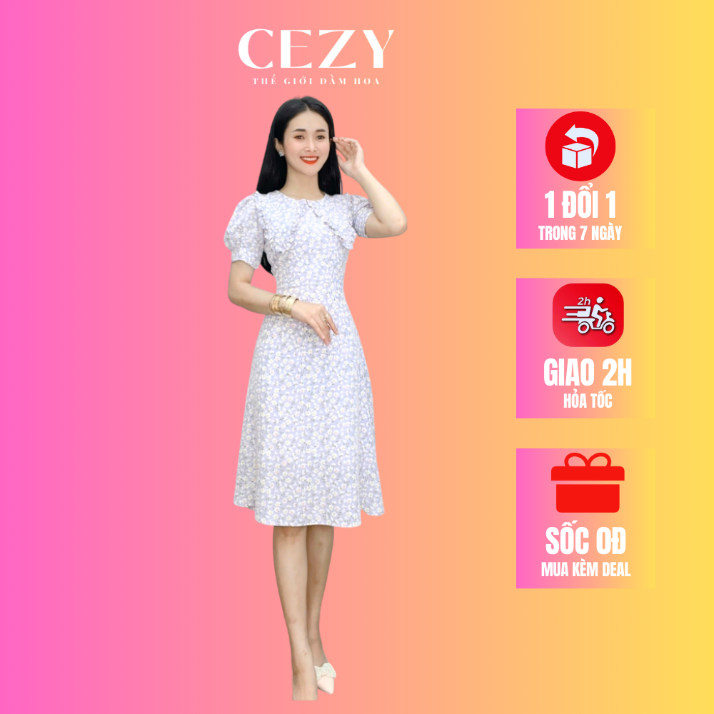 Đầm xòe hoa nhí cổ tròn phối bèo có size bigsize CEZY D83