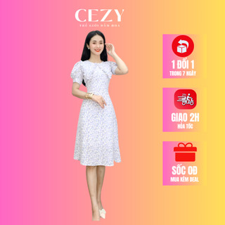 Đầm xòe hoa nhí cổ tròn phối bèo có size bigsize CEZY D83