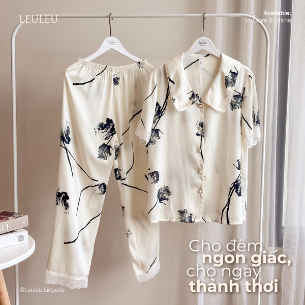 PYJAMA LỤA CAO CẤP ÁO CỘC QUẦN DÀI TRẮNG HỌA TIẾT LEULEU.LINGERIE
