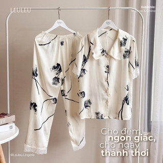 Pyjama lụa cao cấp áo cộc quần dài trắng họa tiết leuleu.lingerie
