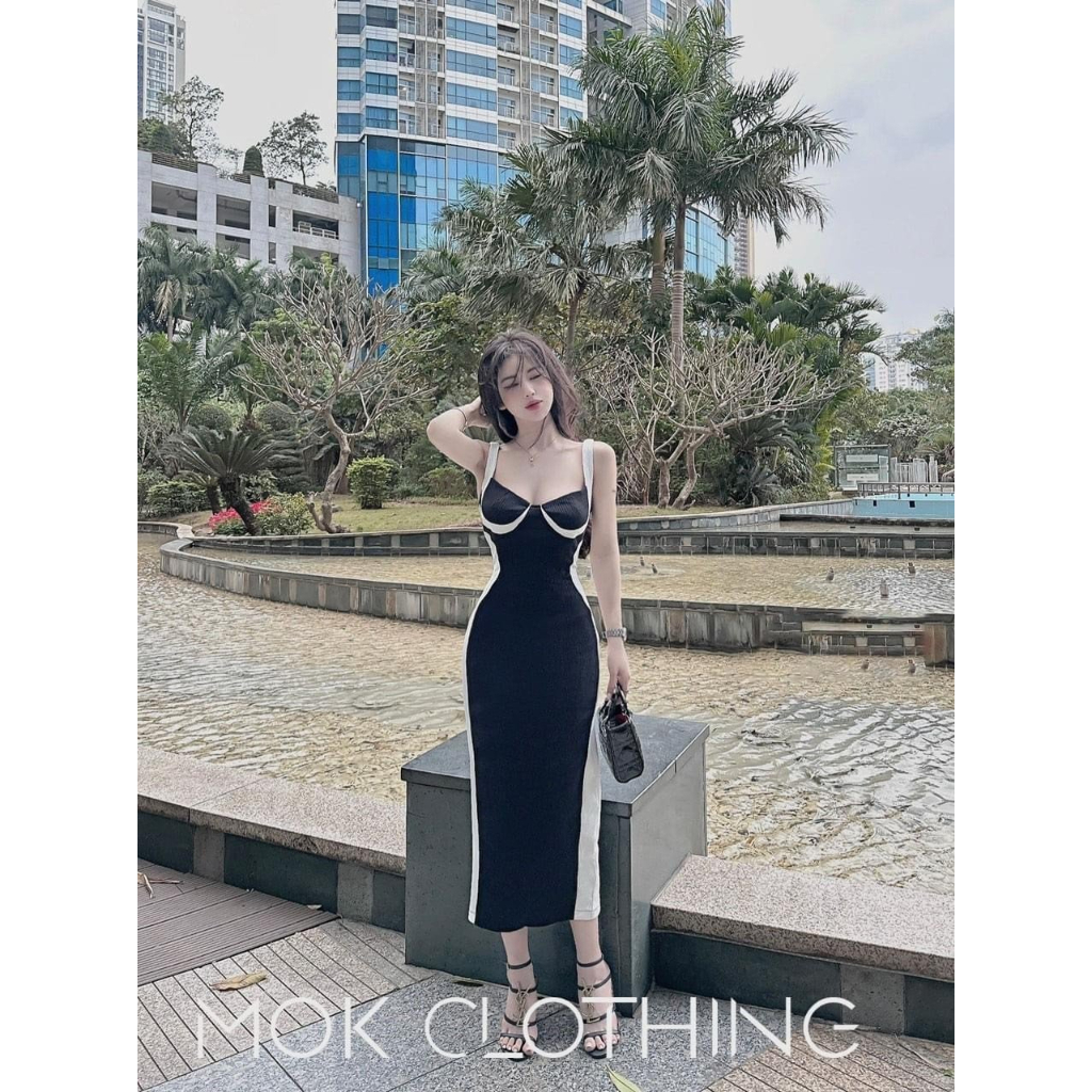 Đầm 2 dây phối có mút ngực chất thun cotton co giãn thích hợp mặc đi tiệc đi làm đi chơi