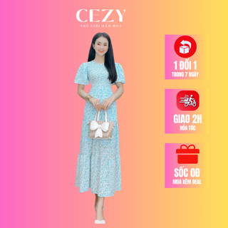 Đầm maxi hoa nhí kiểu dáng tay phồng bo chun có size bigsize Cezy D86