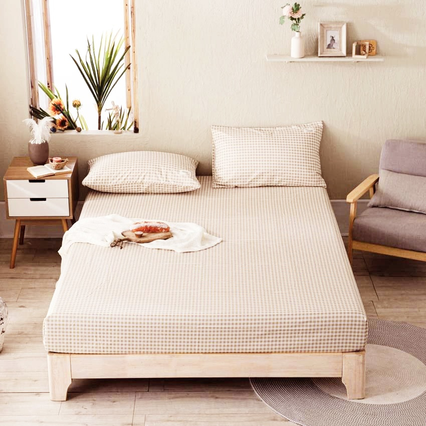 Bộ Ga Giường Vỏ Gối Cotton Poly 1m2, 1m4, 1m6, 1m8, 2m2, Ga Giường Carro Nâu Be, Dành Cho Đệm Dưới 10cm - DiamondBedding