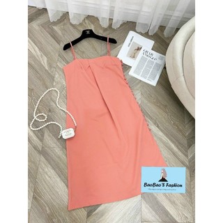 Đầm cam hồng 2 dây cúc bọc nữ tính