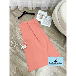 Đầm cam hồng 2 dây cúc bọc nữ tính
