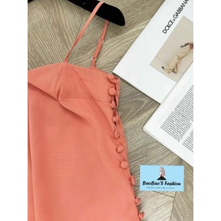 Đầm cam hồng 2 dây cúc bọc nữ tính