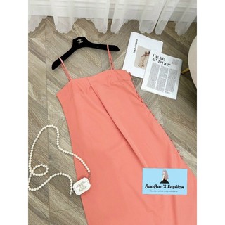 Đầm cam hồng 2 dây cúc bọc nữ tính