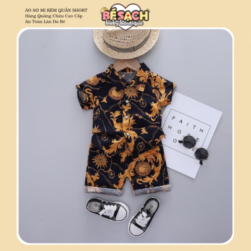 Bộ Áo Sơ Mi Ngắn Tay Kèm Quần Short Cho Bé Trai Vải Cotton Lanh Họa Tiết Thổ Cẩm Thời Trang Cao Cấp Đáng Yêu