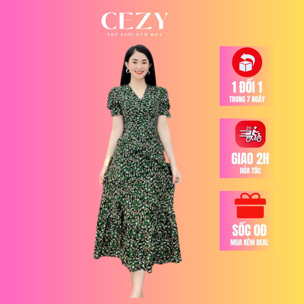 Đầm hoa nhí cổ v tay phồng phối bèo xẻ tà có size bigsize CEZY D89
