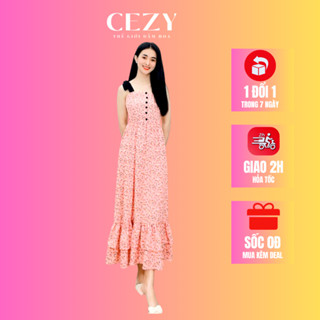 Đầm maxi hoa nhí đi biển 2 dây thắt nơ có size bigsize CEZY D92