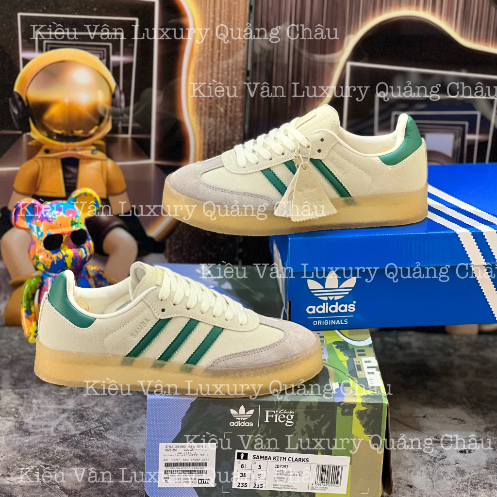 Giày Thể Thao Adidas Clarks 8th Street Samba by Ronnie Fieg “Chalk White/Green” (ID7297) Samba Da Lộn Sọc Xanh Đế Vàng