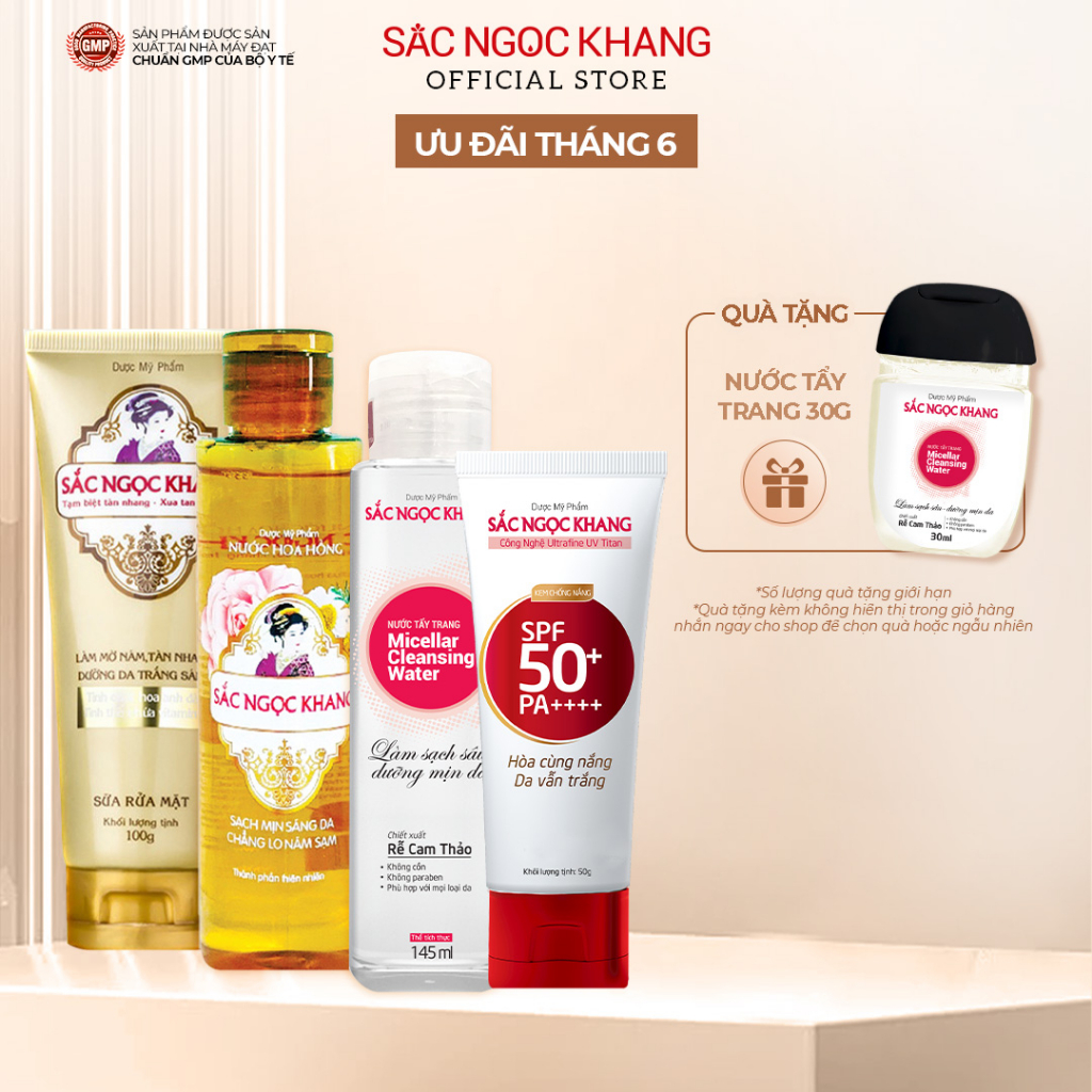 Combo làm sạch và bảo vệ da SẮC NGỌC KHANG [Nước tẩy trang, Nước hoa hồng, Sữa rửa mặt 100g,Kem chống nắng 50g]