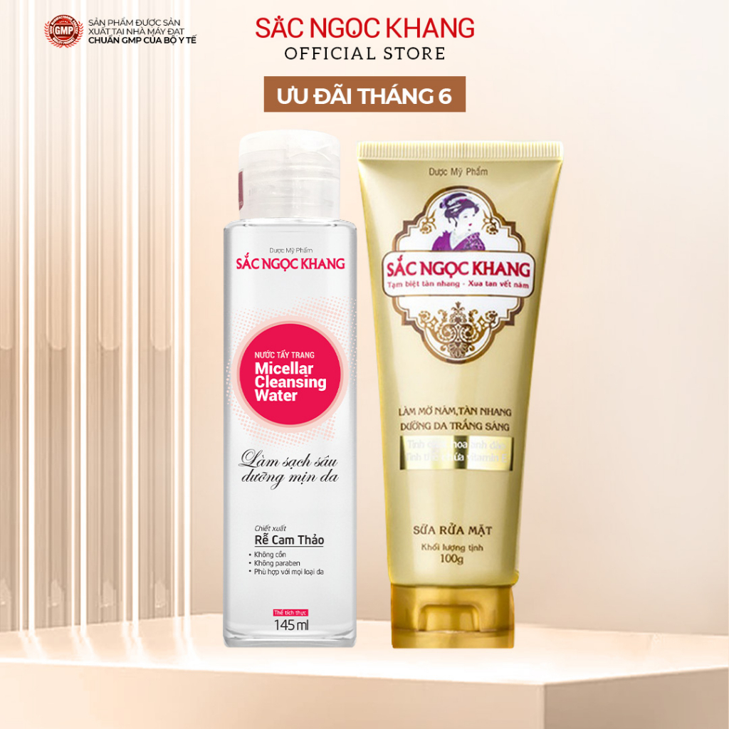 Combo 2 sản phẩm Sắc Ngọc Khang [Sữa rửa mặt 100g+ Nước tẩy trang 145ml] giúp loại bỏ dầu thừa, bã nhờn, làm sạch sâu