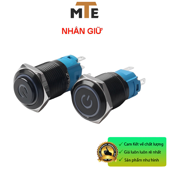Nút nhấn giữ trạng thái ON/OFF 16mm 12V màu đen vỏ kim loại chống nước có led