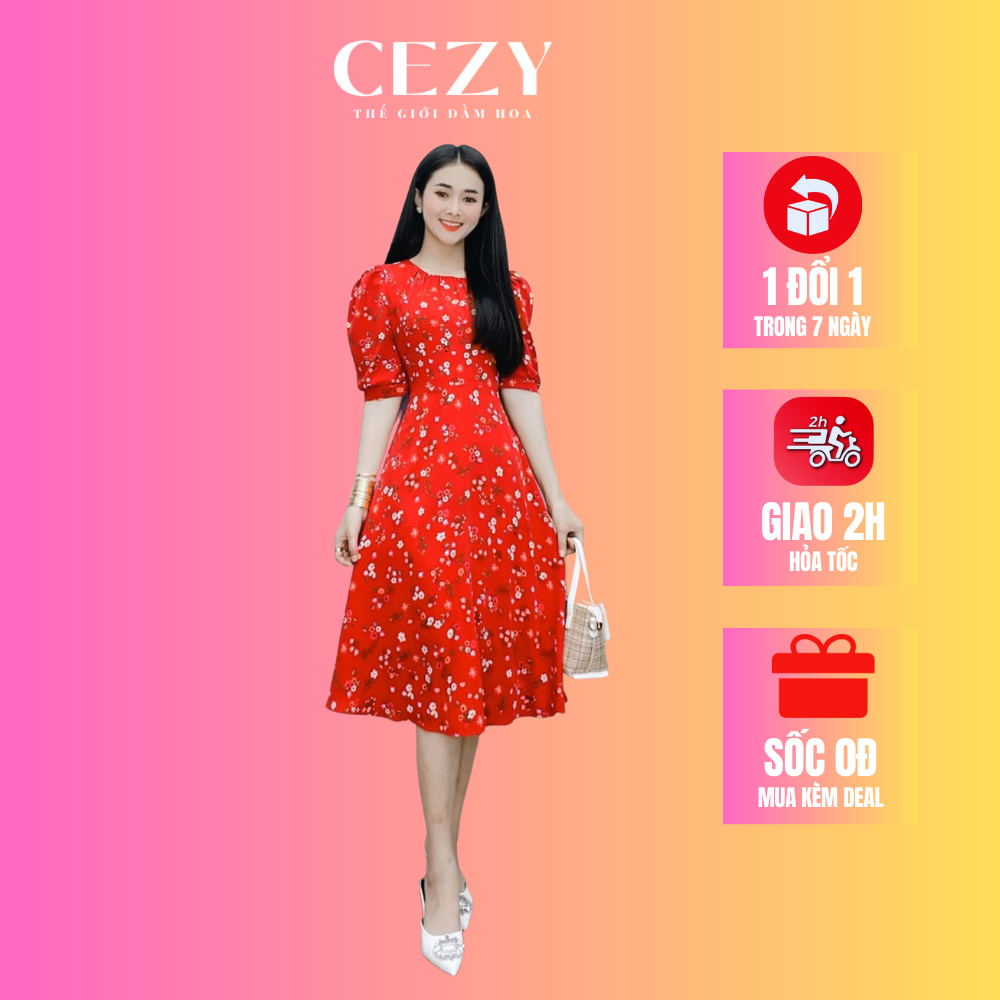 Đầm cổ tròn hoa nhí xếp ly tay phồng có size bigsize CEZY D108