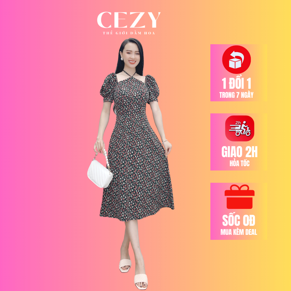 Đầm hoa nhí cổ yếm tay phồng bigsize 45kg-70kg CEZY có lót chất lụa mềm mát D116