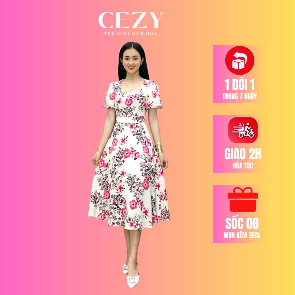 Đầm hoa cổ vuông tay phồng dây thắt nơ eo có size bigsize CEZY D120