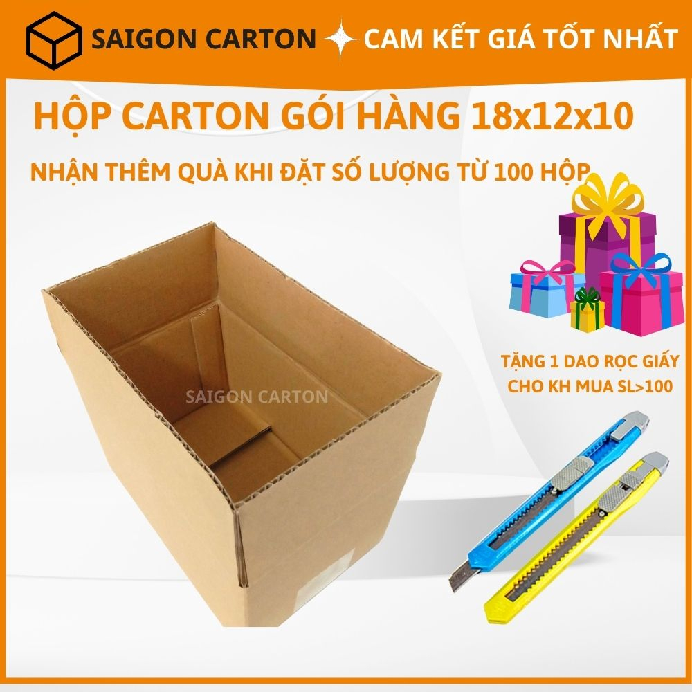 Hộp carton đóng gói hàng online ship COD 18X12X10 cm - mua 100 hộp tặng 1 Dao rọc giấy - sản xuất bởi SÀI GÒN CARTON