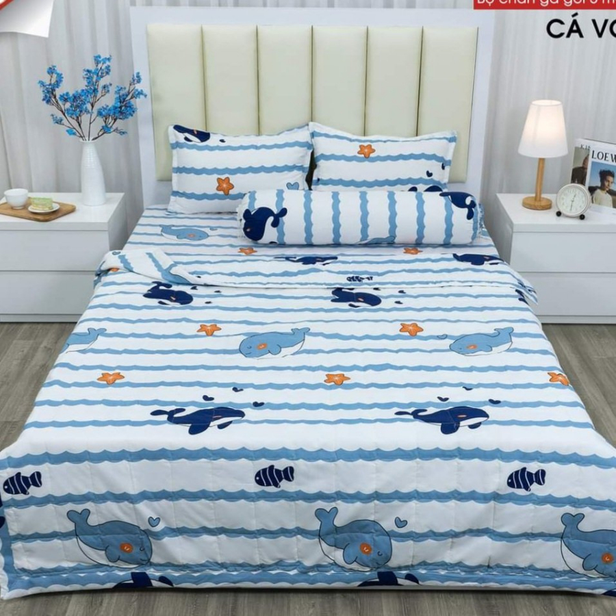 Trọn bộ 5 món chăn ga gối Cotton Poly chăn hè tone màu sáng cute - Nguyệt Ánh Bedding - đủ size - Cá Heo Mây, Cherrful..