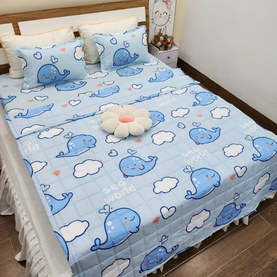 Trọn bộ 5 món chăn ga gối Cotton Poly chăn hè tone màu sáng cute - Nguyệt Ánh Bedding - đủ size - Cá Heo Mây, Cherrful..