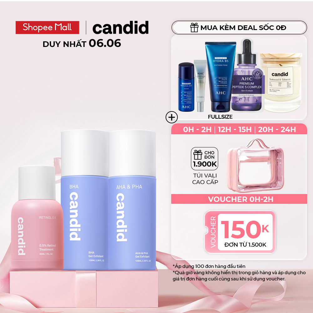 Combo 3 Sản Phẩm - Hoạt Chất Candid Retinol 0.5% 30ml + BHA 100ml & AHA&PHA 100ml