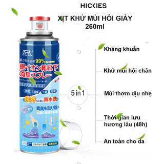 Bình xịt khử mùi hôi chân và giày,lưu hương thơm công nghệ nano Bạc,kháng khuẩn, 260ml - hickies