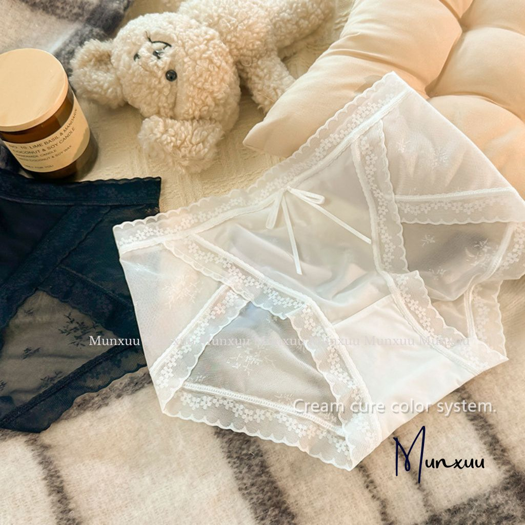 Set 3 quần lót nữ su ren lưới phối viền hoa MUNXUU, chất liệu xuyên thấu siêu mềm mại thoáng khí đính nơ gợi cảm - SQ11