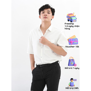 Áo sơ mi tay ngắn trắng đen Viền Chỉ, Cổ Vest unisex nam nữ form rộng vải lụa túi hộp cao cấp năm 2020