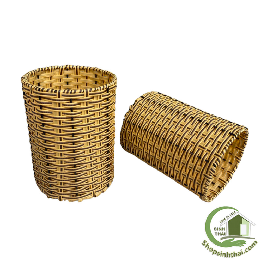 Hũ tròn mây đan nhỏ - Ống nhựa giả mây đựng đũa, viết