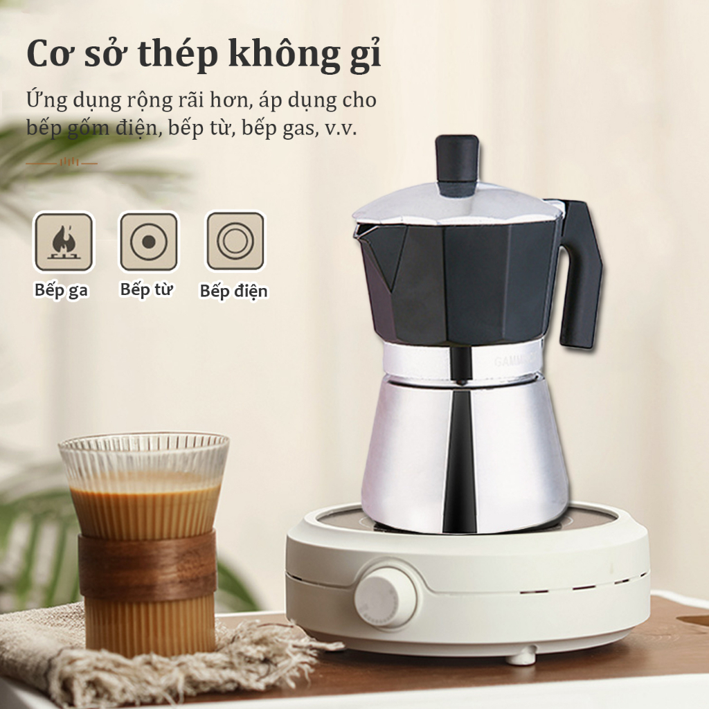 Ấm pha cà phê moka pot inox Thích hợp cho bếp từ Bình pha cafe moka kiểu Ý 150ML/300ML Máy pha cà phê moka DODO