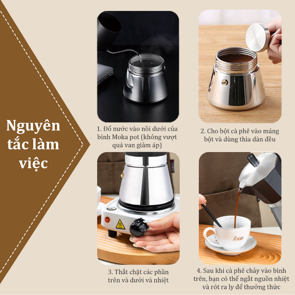 Ấm pha cà phê moka pot inox Thích hợp cho bếp từ Bình pha cafe moka kiểu Ý 150ML/300ML Máy pha cà phê moka DODO