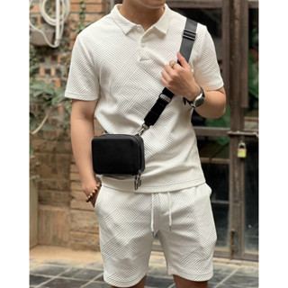 Bộ quần áo xốp nam nữ ngắn tay thêu hình tay ngắn dây rút bản to Menswear BH30
