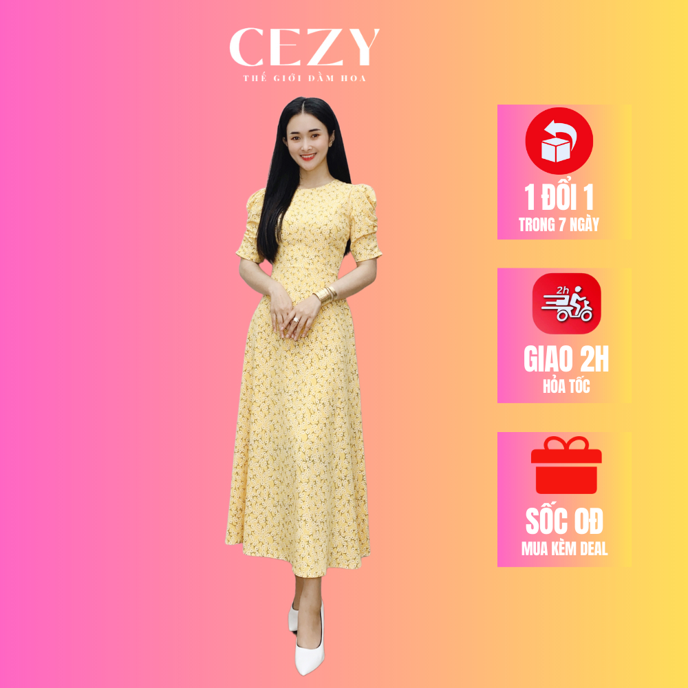 Đầm hoa nhí cổ tròn tay phồng dáng xòe dài có size bigsize CEZY D135