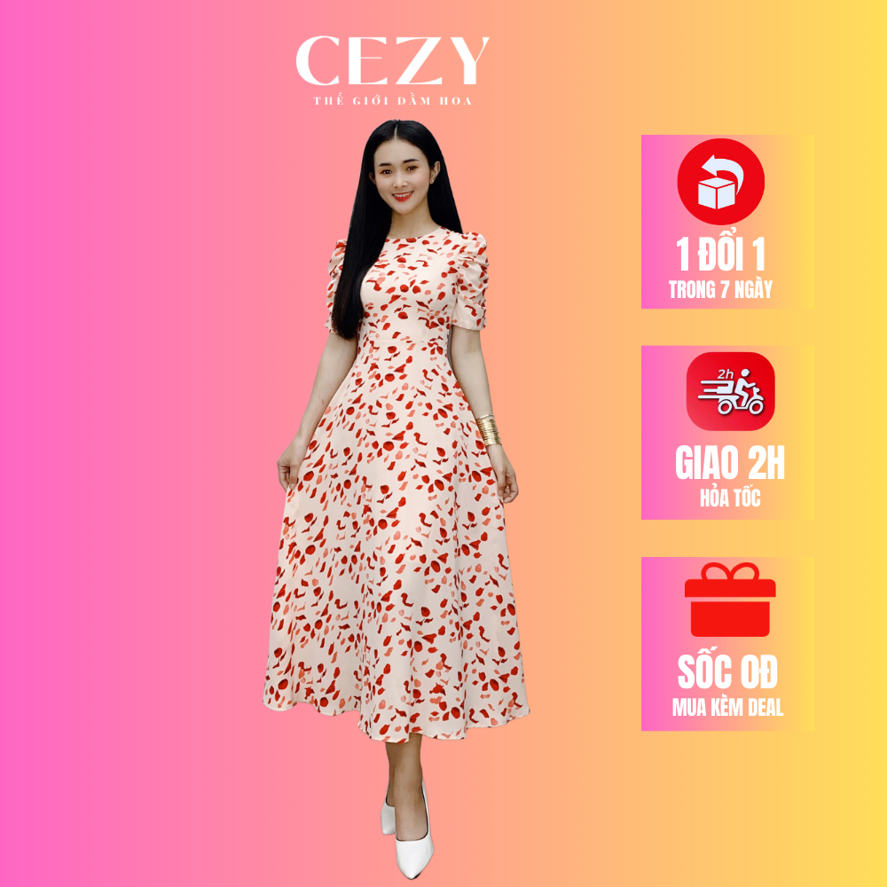 Đầm hoa nhí cổ tròn tay phồng dáng xòe dài có size bigsize CEZY D139
