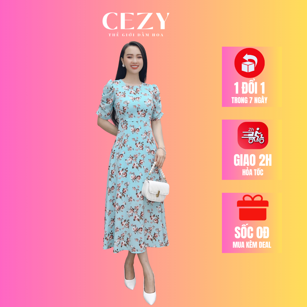 Đầm hoa nhí cổ tròn tay phồng dáng xòe dài có size bigsize CEZY D140