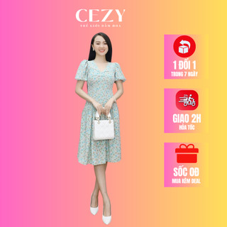 Đầm hoa nhí phối nơ cổ tim tay phồng dáng xòe có size bigsize CEZY D148