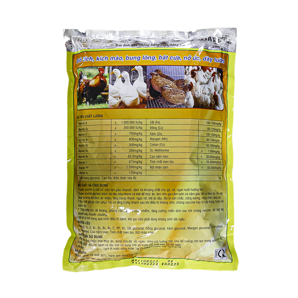 Super Acemin . Cốm Vỗ Béo Từ Thảo Dược Nhân Sâm Cho Gà, Vịt. Acimin tăng trọng nhanh, đỏ tích, kích mào mã,....