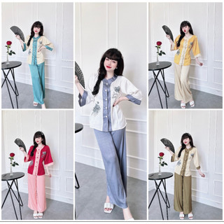 Đồ bộ lam đi chùa hoa thêu vải lụa xước cỡ thường
