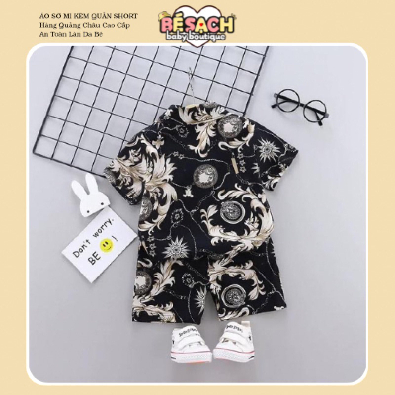 Bộ Áo Sơ Mi Ngắn Tay Kèm Quần Short Cho Bé Trai Vải Cotton Lanh Họa Tiết Thổ Cẩm Thời Trang Cao Cấp Đáng Yêu