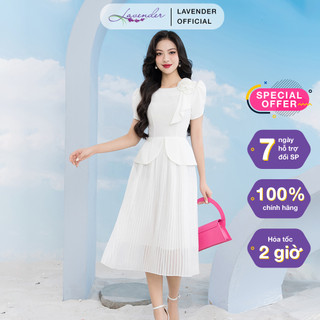 Đầm công sở thiết kế LAVENDER FASHION màu trắng đập ly cổ tròn đính hoa D2833