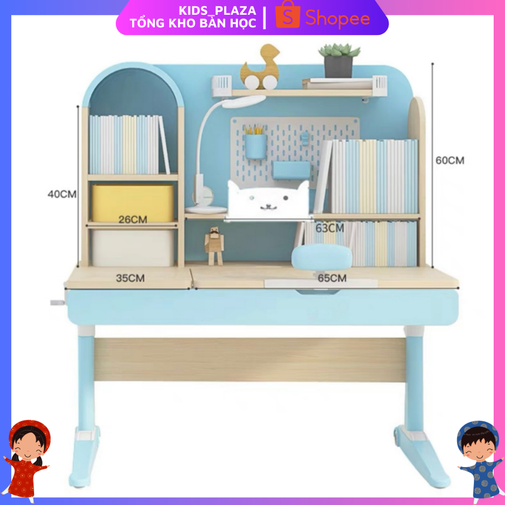 Bàn học sinh chống gù S04 cao cấp thông minh, bàn học sinh cho bé kèm giá sách vô cùng tiện lợi kích thước 1mx60