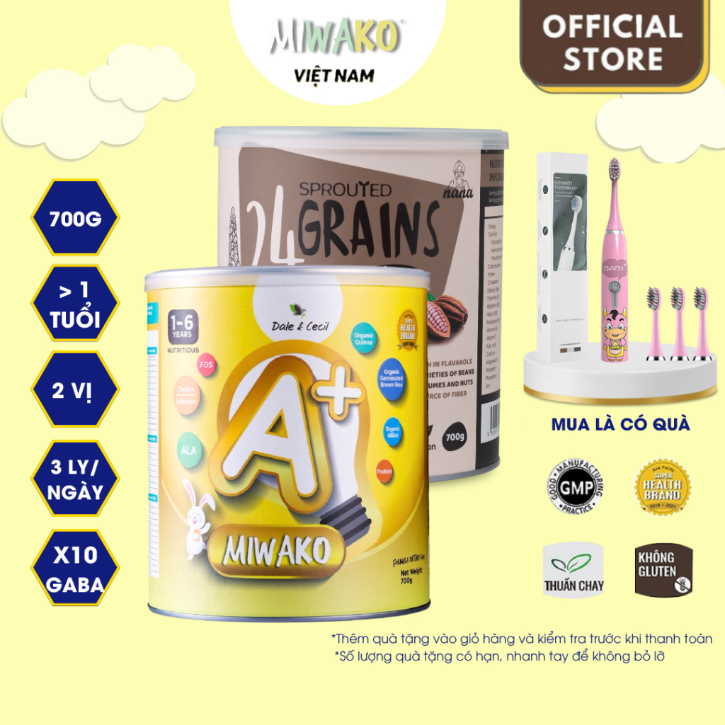 Sữa hạt Miwako A+ vị vani hộp 700g + Sữa hạt dinh dưỡng 24 Grains vị cacao hộp 700g - Miwako Official Store