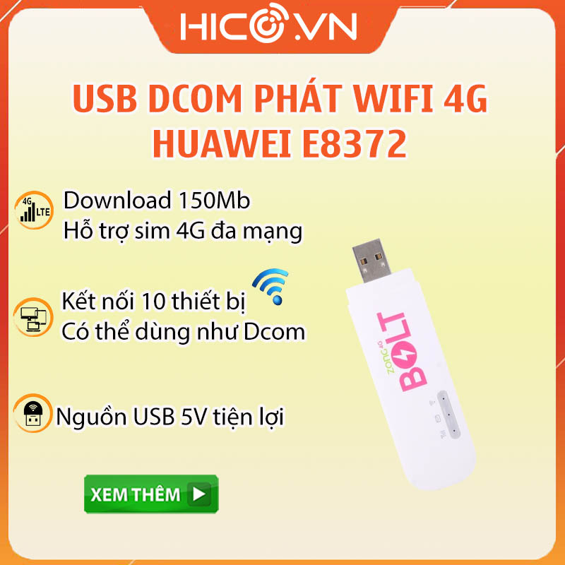 Huawei E8372 Usb Dcom Phát Wifi Tốc Độ Chuẩn 4G Tốc Độ Cao Dùng Đa Mạng, chia sẻ kết nối 10 thiết bị , dùng trên xe ô tô