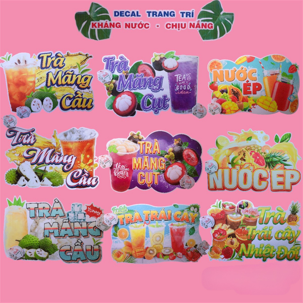 Decal Trang Trí Quán TRÀ SỮA, SINH TỐ Các Loại ✨ Hình Dán Trà Mãng Cầu, Trà Măng Cụt, Trà Trái Cây Nhiệt Đới, Nước Ép.